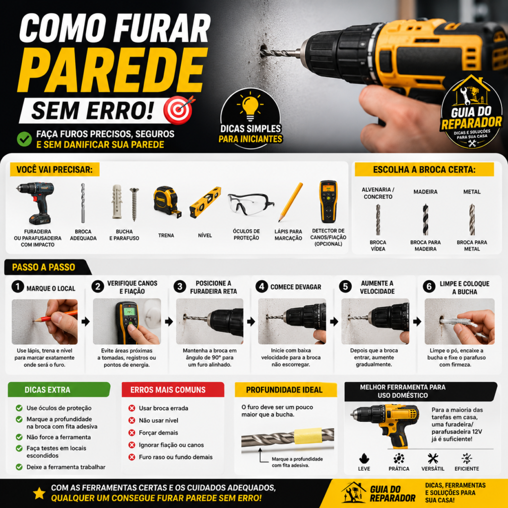 Furar a parede parece simples, mas pequenos erros podem causar problemas como furos tortos, rachaduras, danos na pintura e até acidentes com canos ou fiação elétrica.