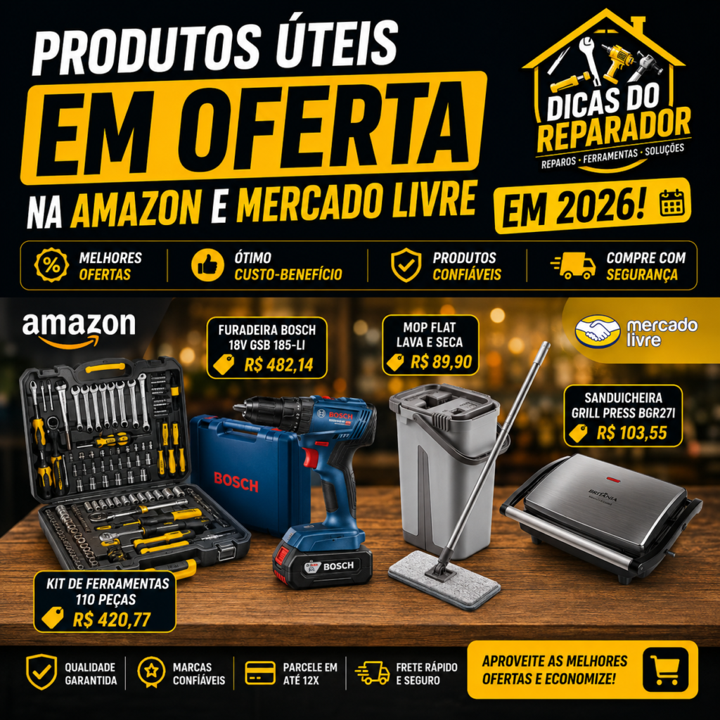 Selecionamos algumas ofertas interessantes de ferramentas, organização, limpeza e utilidades domésticas que oferecem ótimo custo-benefício para o dia a dia.