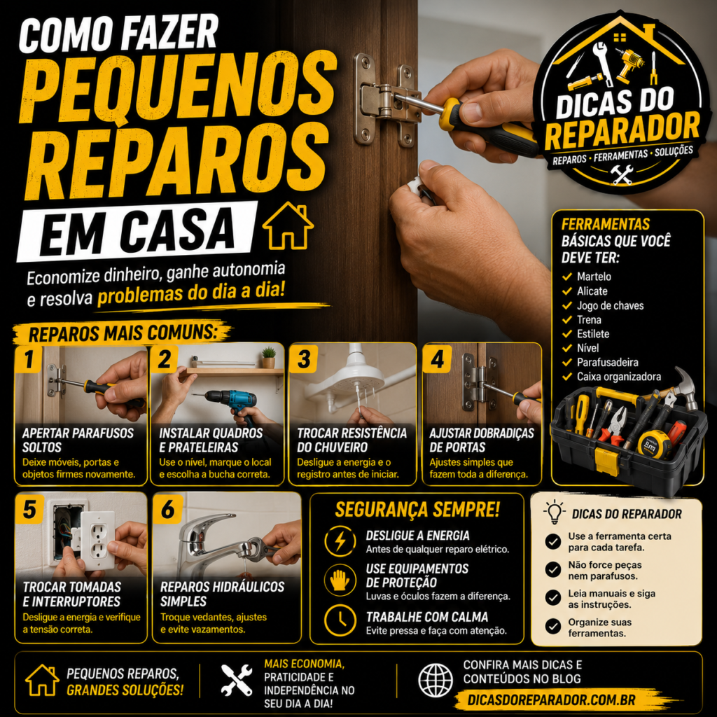 Dicas do Reparador, você vai aprender dicas importantes para realizar pequenos reparos domésticos com mais segurança, organização e eficiência.